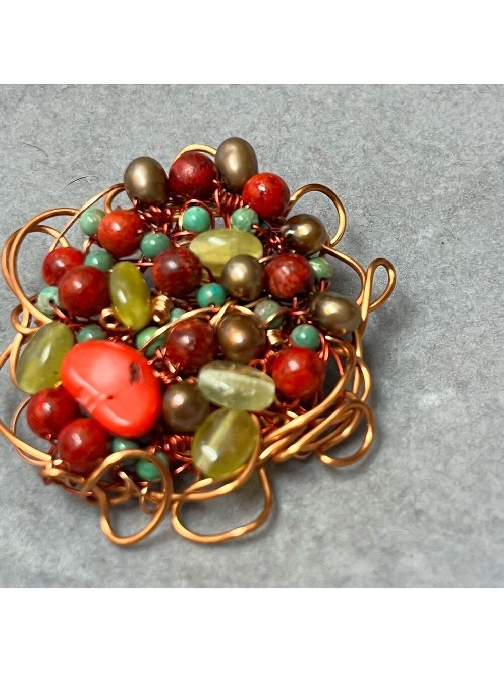 Wire Wrap Multicolor Beaded Brooch Pin Jewelry Handmade Artisan Artsy Art Boho - Picture 2 of 5